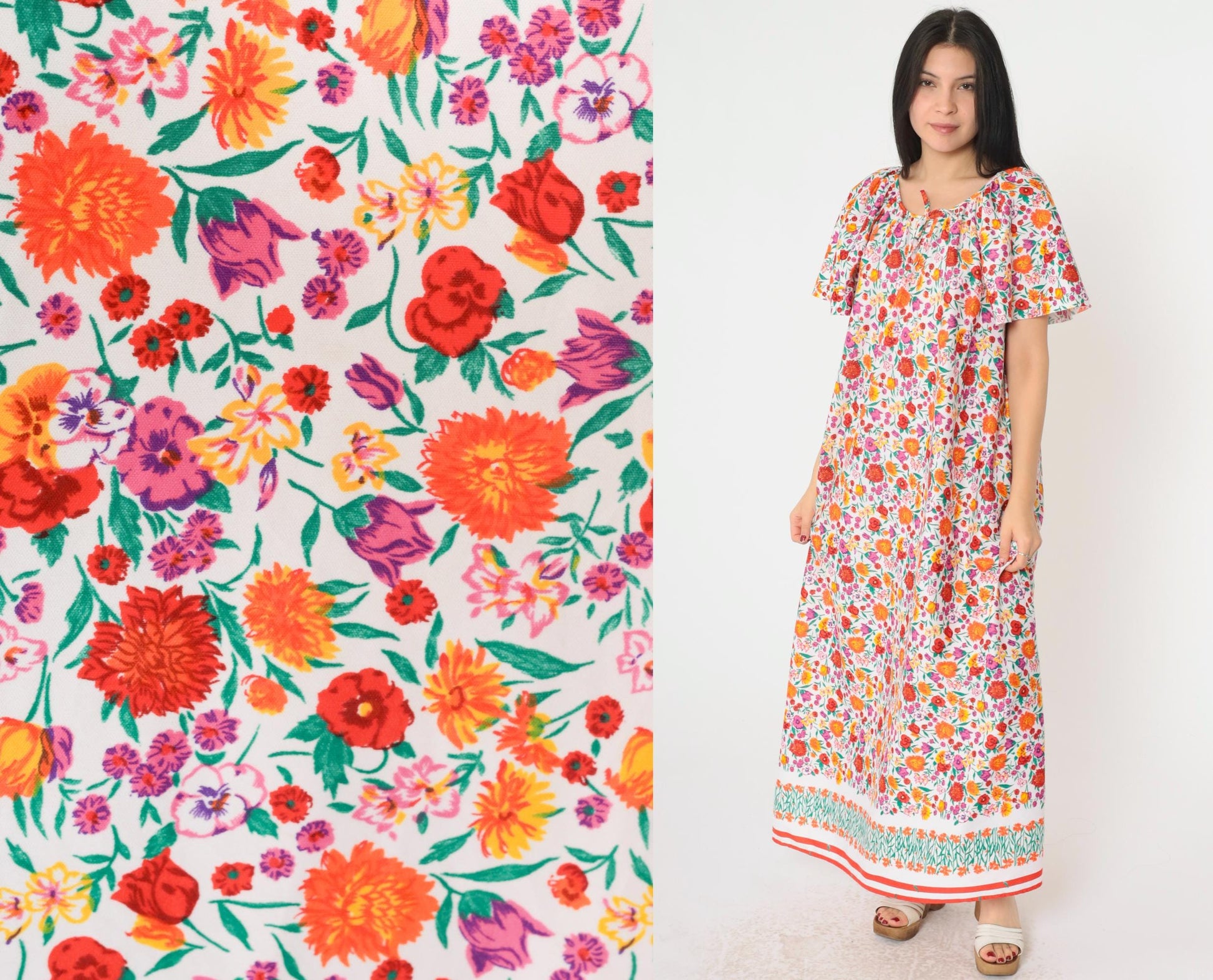 70s Floral Maxi Tent Dress Flutter Sleeve Pullover Large