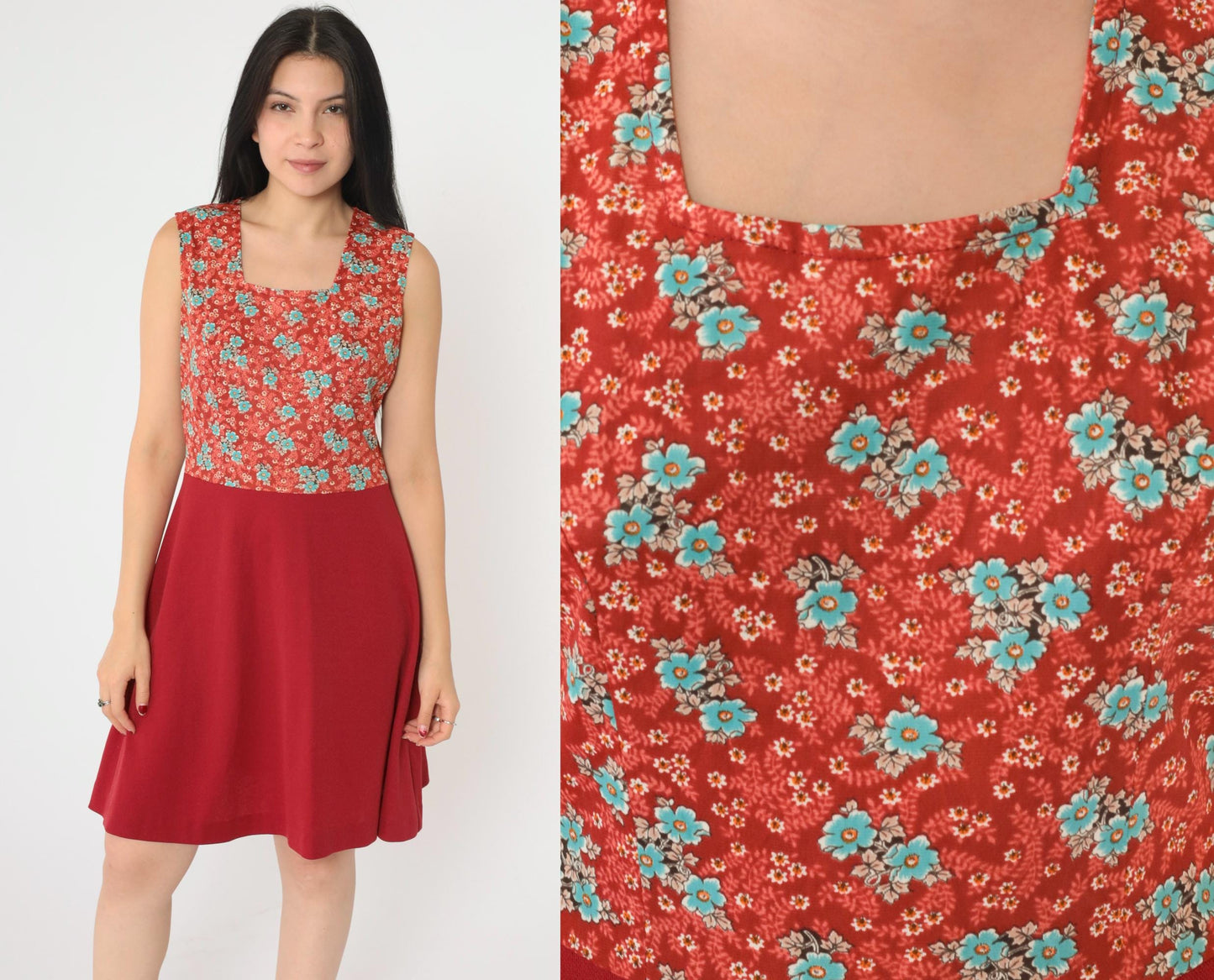 1960s Red Floral Mini Dress Sleeveless High Waist Fit Flare Small