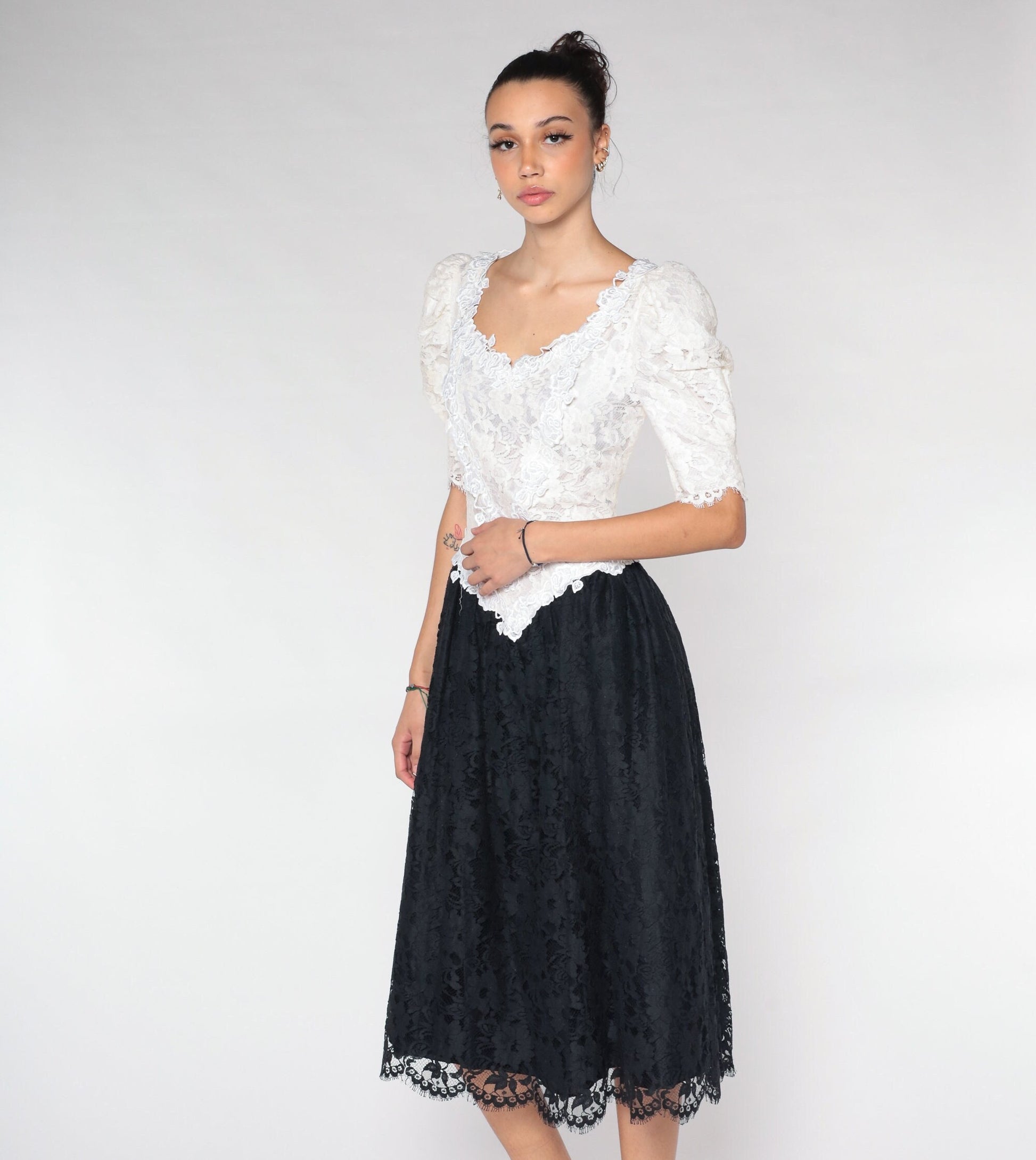 80s Black White Lace Midi Dress Puff Sleeve Basque Waist Small