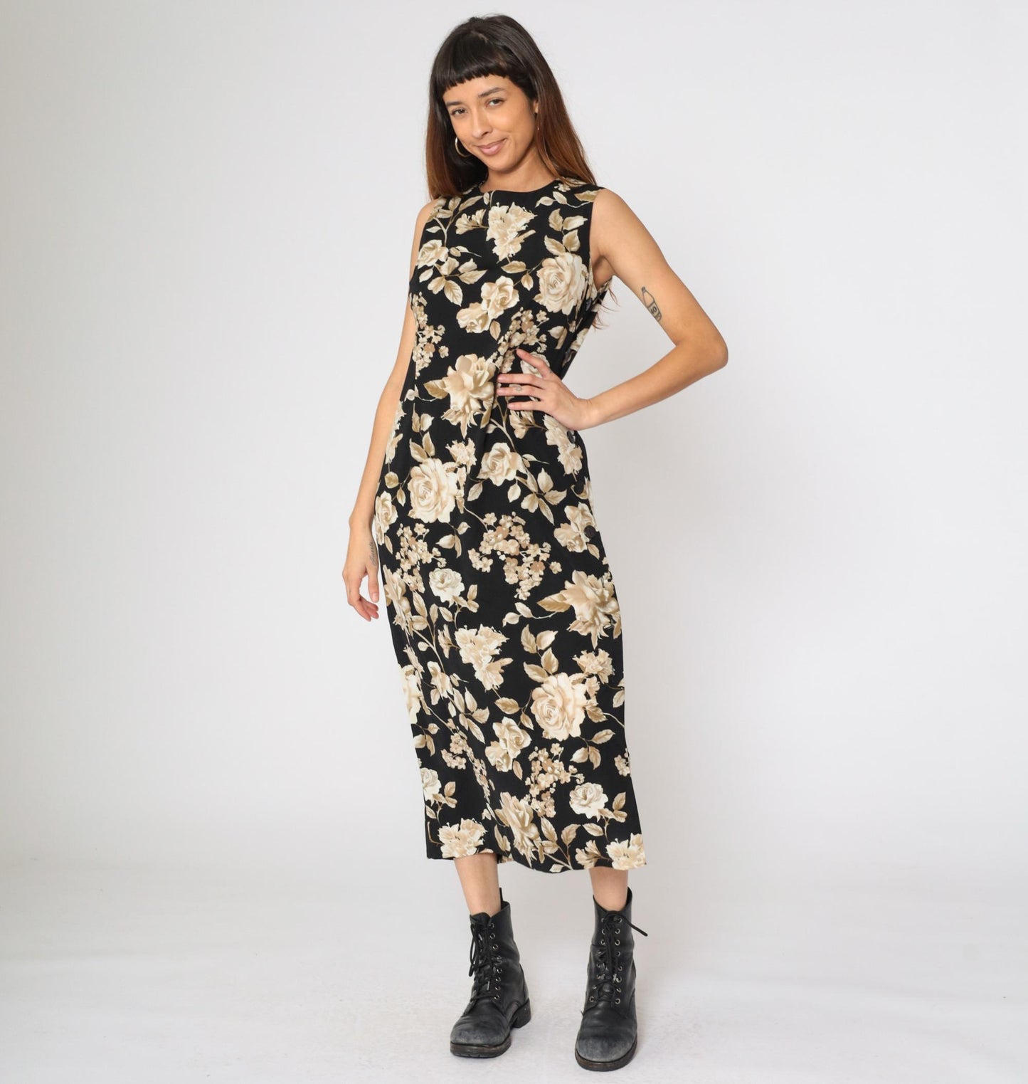 90s R & K Originals Black Floral Rose Midi Dress Sleeveless High Neck Medium 10