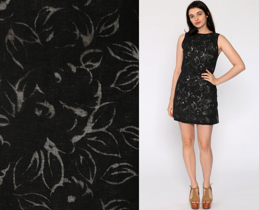 90s Black Floral Burnout Mini Dress Sleeveless Shift Extra Small