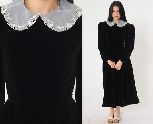 80s Laura Ashley Mother and Child Black Velvet Midi Dress White Lace Collar Extra Small