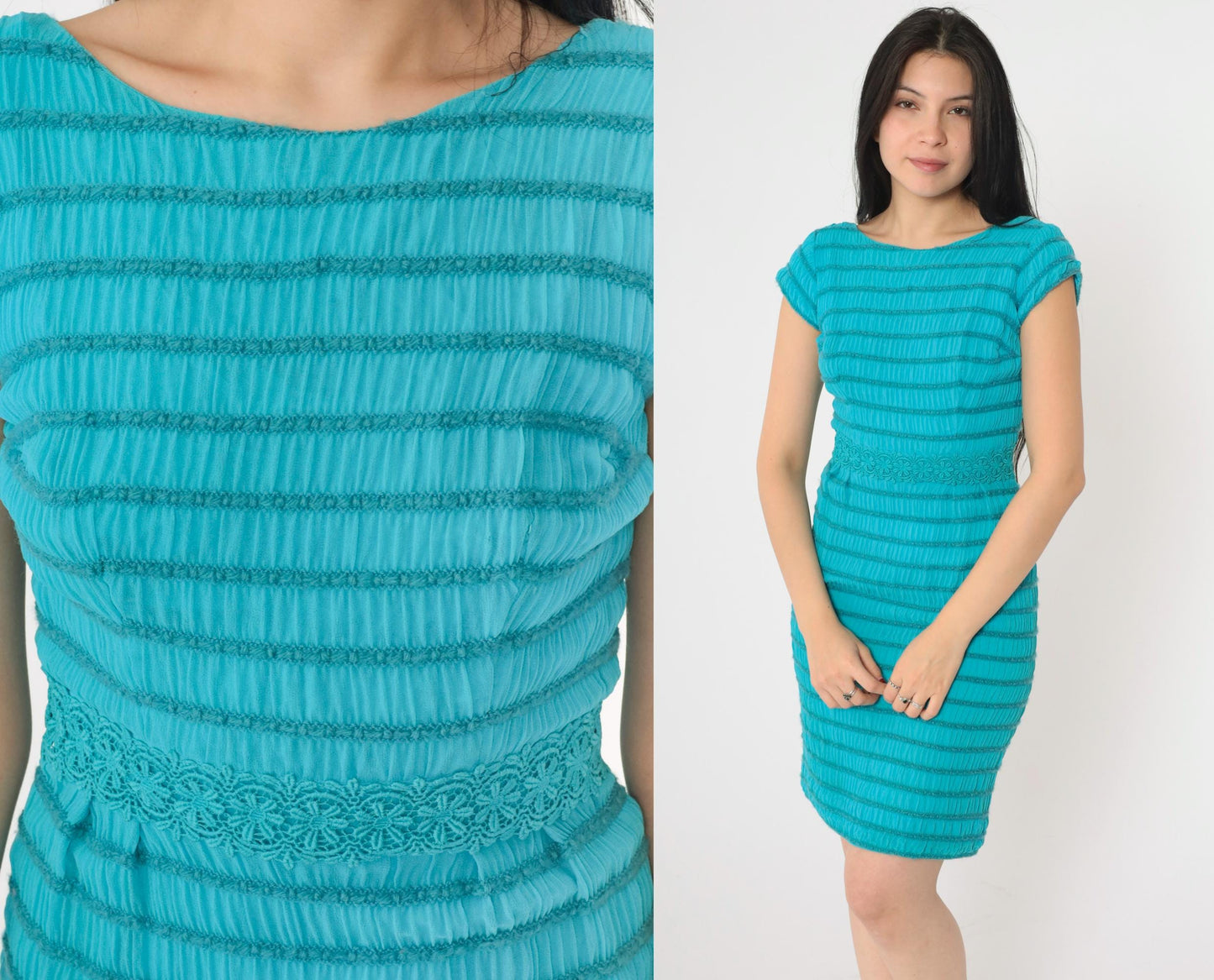 1960s Blue Appliqué Yarn Striped Sleeveless Sheath Cocktail Dress Extra Small