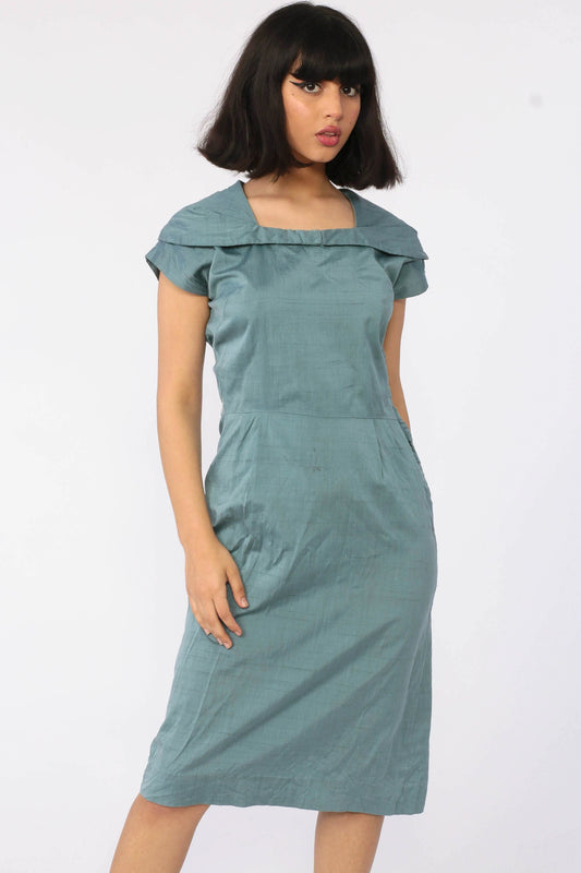 1950s Blue Sailor Collar Sheath Dress Wiggle Skirt Cap Sleeve Small