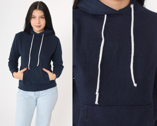 80s Navy Hoodie Sweatshirt Kangaroo Pocket Drawstring Extra Small