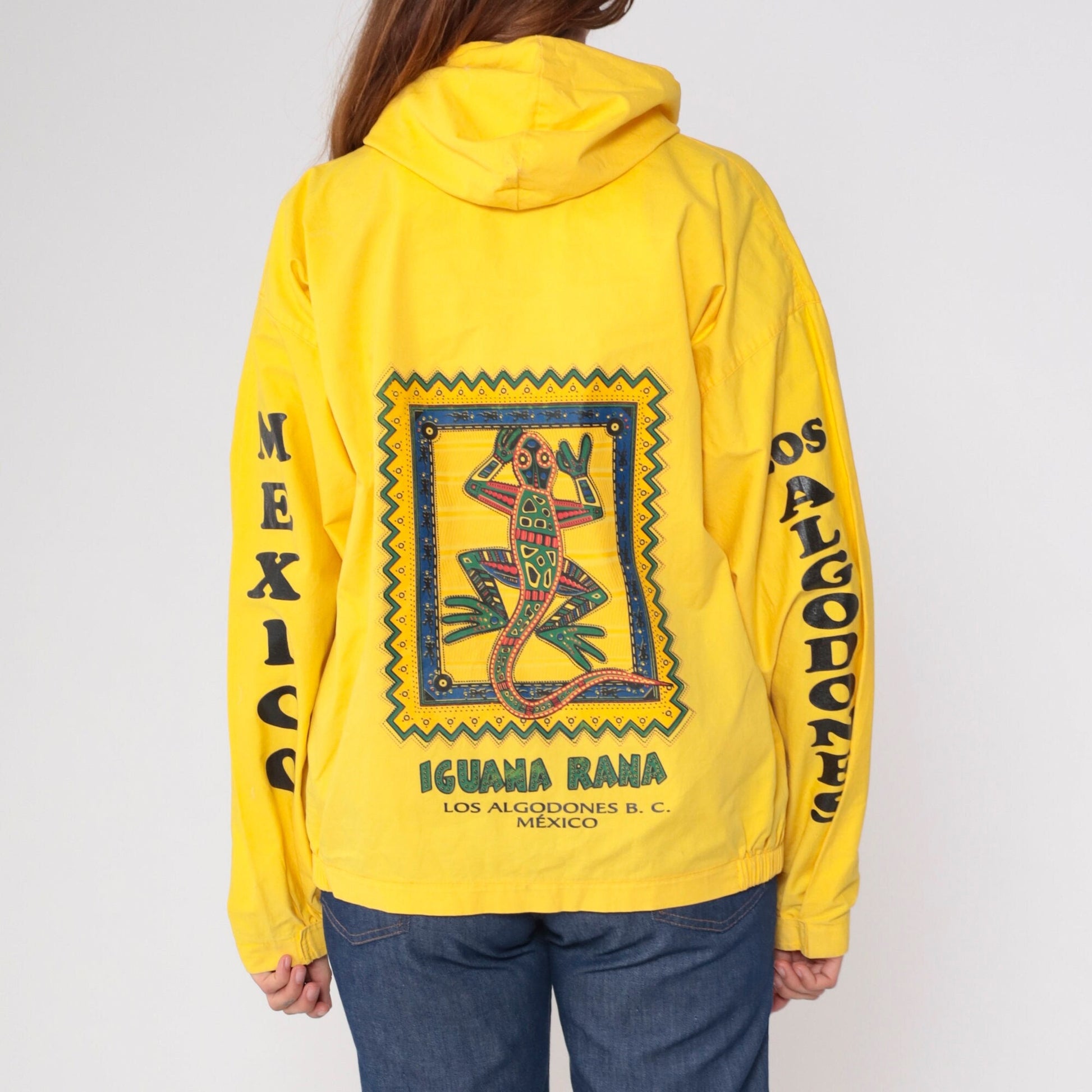 90s Yellow Windbreaker Jacket Iguana Rana Los Algodones Mexico Graphic Hoodie Small