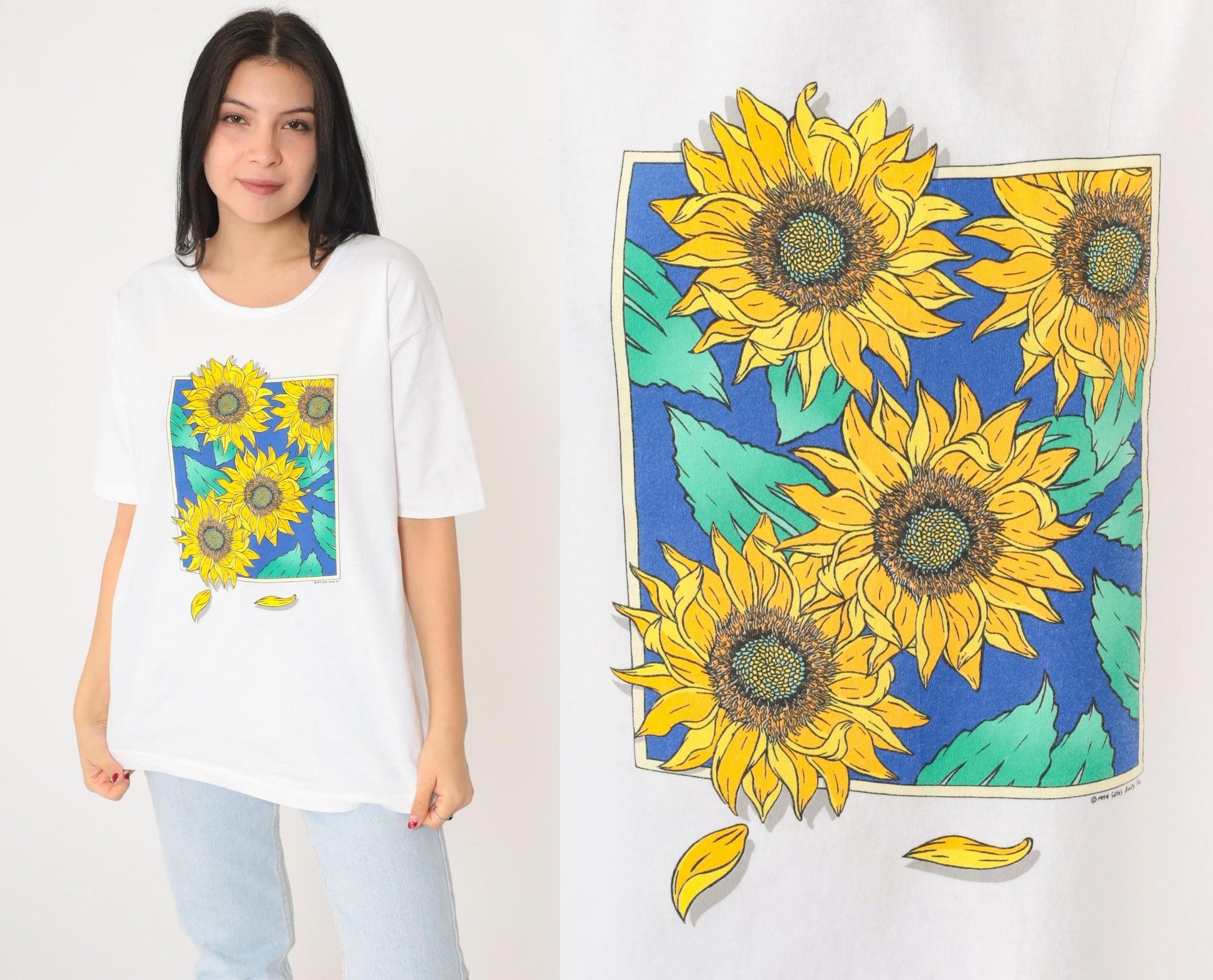 90s Anvil Sunflower Graphic T-Shirt White Cotton Large