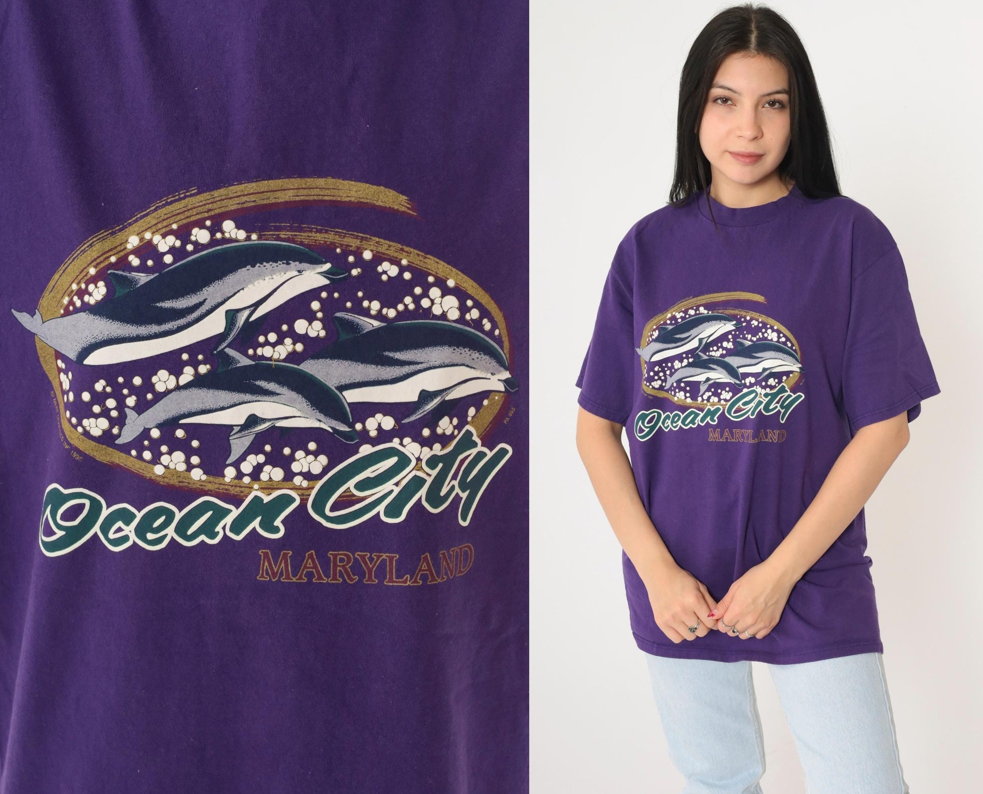90s Ocean City Maryland Dolphin Graphic T-Shirt Purple Large