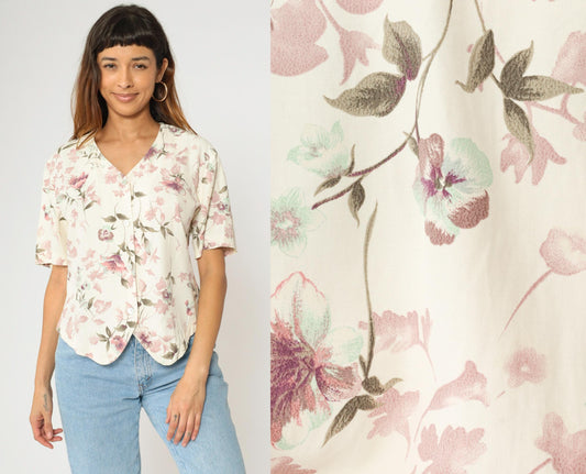 90s Lee David Floral Button Up Blouse Off-White Mauve Pink V-Neck Medium M