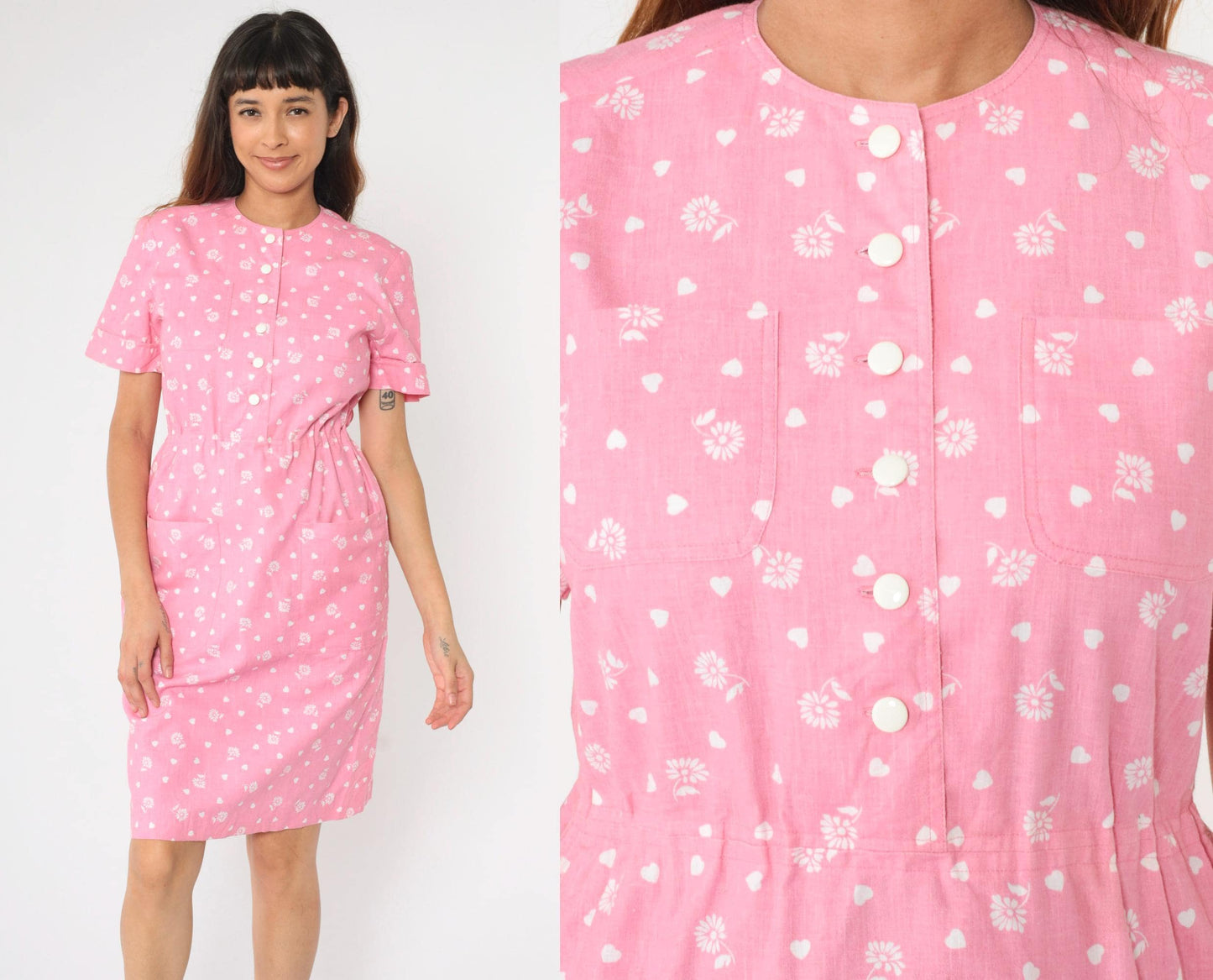 80s Pink Floral Heart Print Shirtdress Button-Up Knee-Length Small