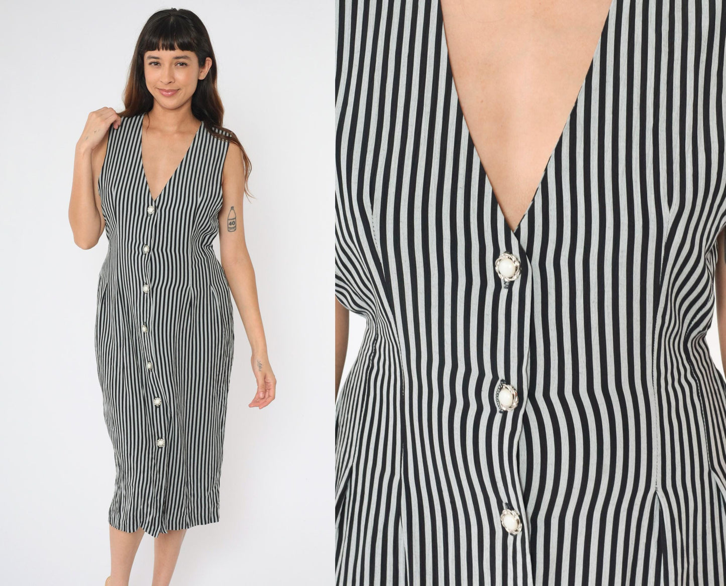 90s Striped Black Grey Sheath Midi Dress Sleeveless V-Neck Button-Up Medium 8