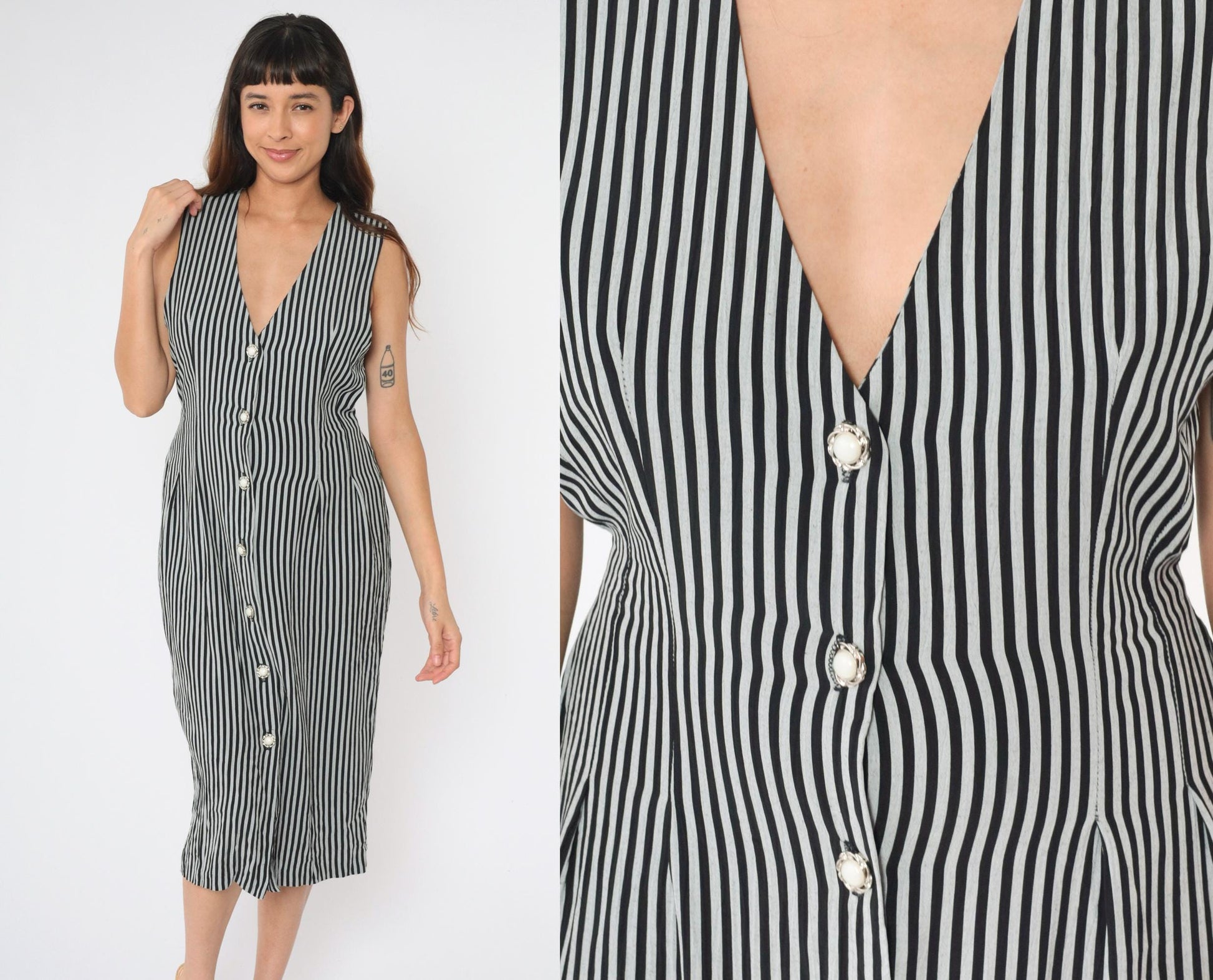 90s Striped Black Grey Sheath Midi Dress Sleeveless V-Neck Button-Up Medium 8