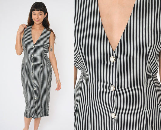 90s Striped Black Grey Sheath Midi Dress Sleeveless V-Neck Button-Up Medium 8