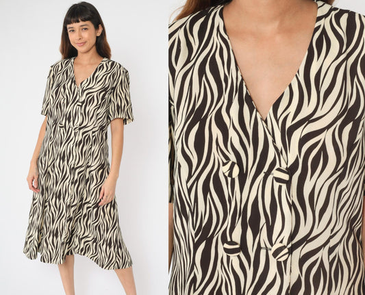 80s Leslie Fay Zebra Print Midi Shirtdress Brown Cream Double-Breasted Extra Large