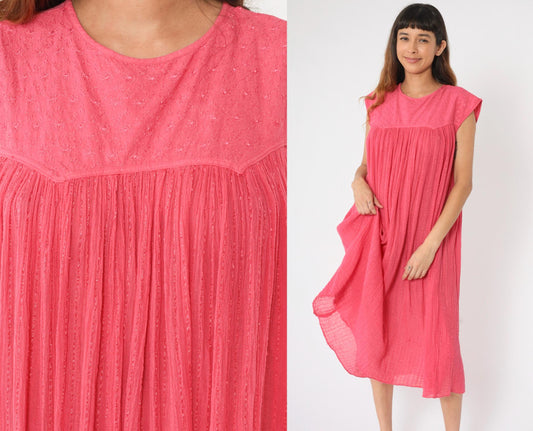 80s Pink Gauze Trapeze Dress Floral Embroidered Sleeveless Midi One Size