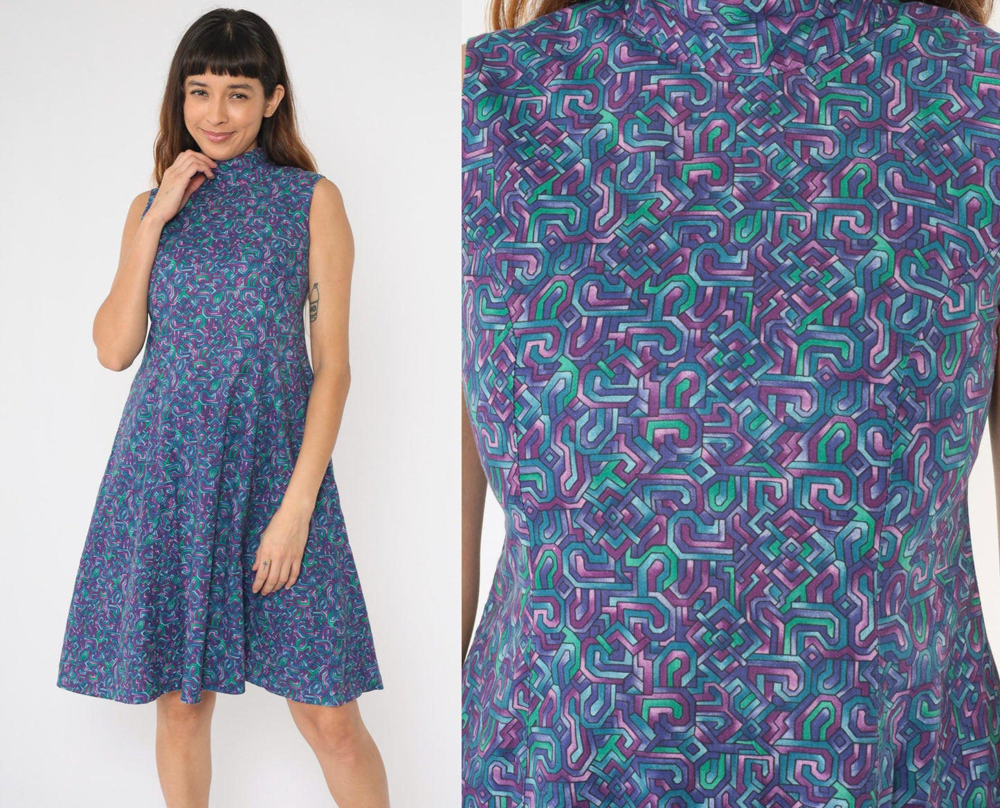 90s Purple Blue Green Abstract Geometric Mock Neck Midi Dress Small