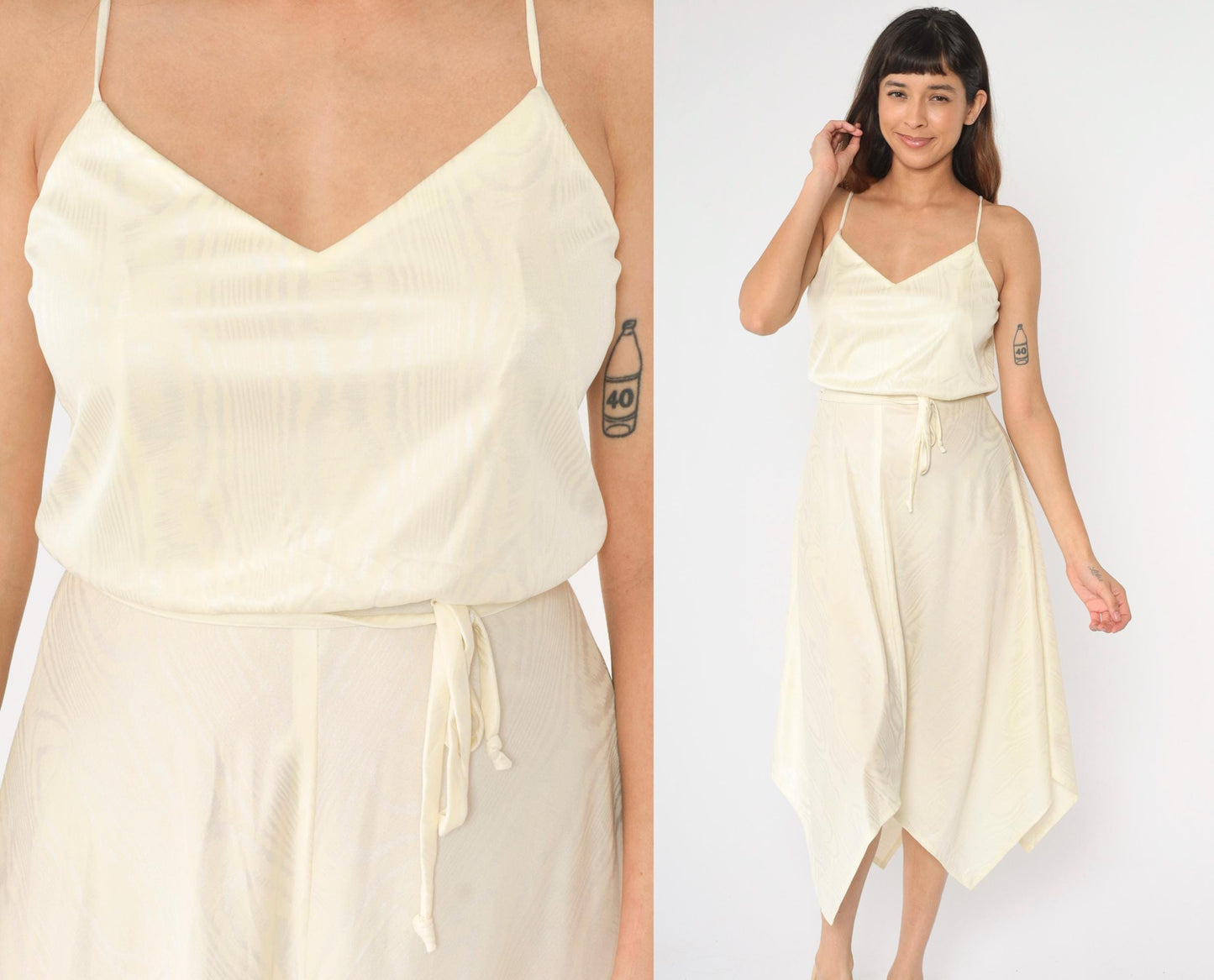70s Cream Spaghetti Strap Midi Dress Hanky Hem High Waist Small