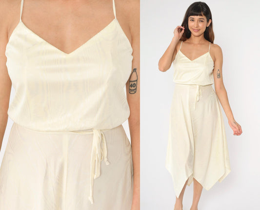 70s Cream Spaghetti Strap Midi Dress Hanky Hem High Waist Small