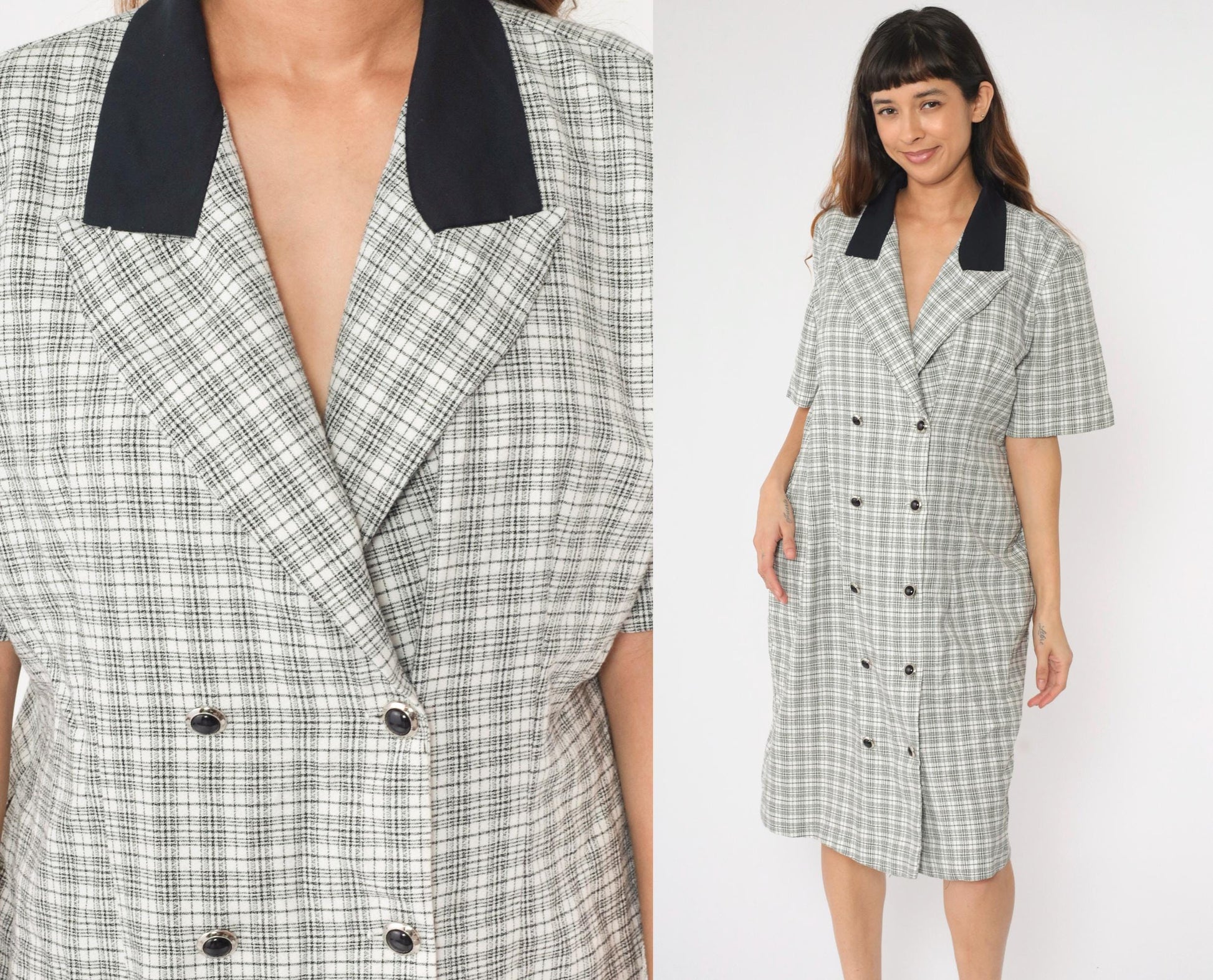 90s Black White Checkered Midi Dress Button Up Short Sleeve Extra Large XL