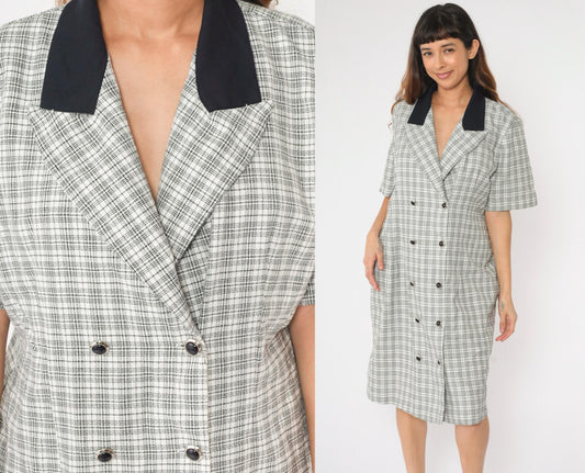 90s Black White Checkered Midi Dress Button Up Short Sleeve Extra Large XL
