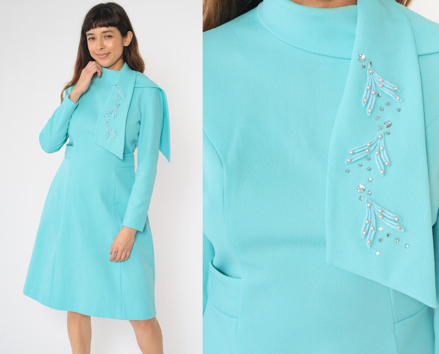 60s Alfred Werber Mod A-Line Dress Aqua Beaded Long Sleeve Midi Medium M
