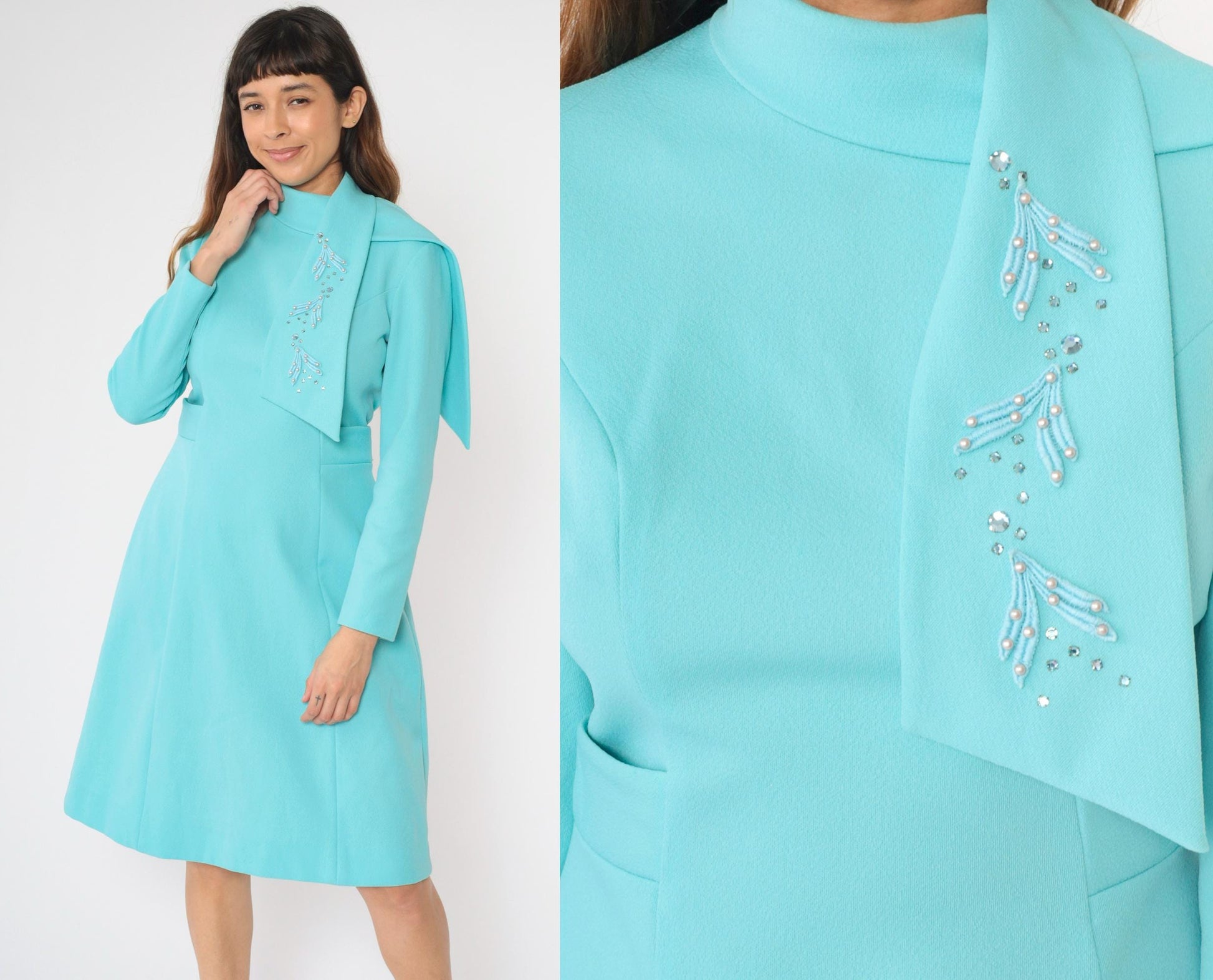 60s Alfred Werber Mod A-Line Dress Aqua Beaded Long Sleeve Midi Medium M
