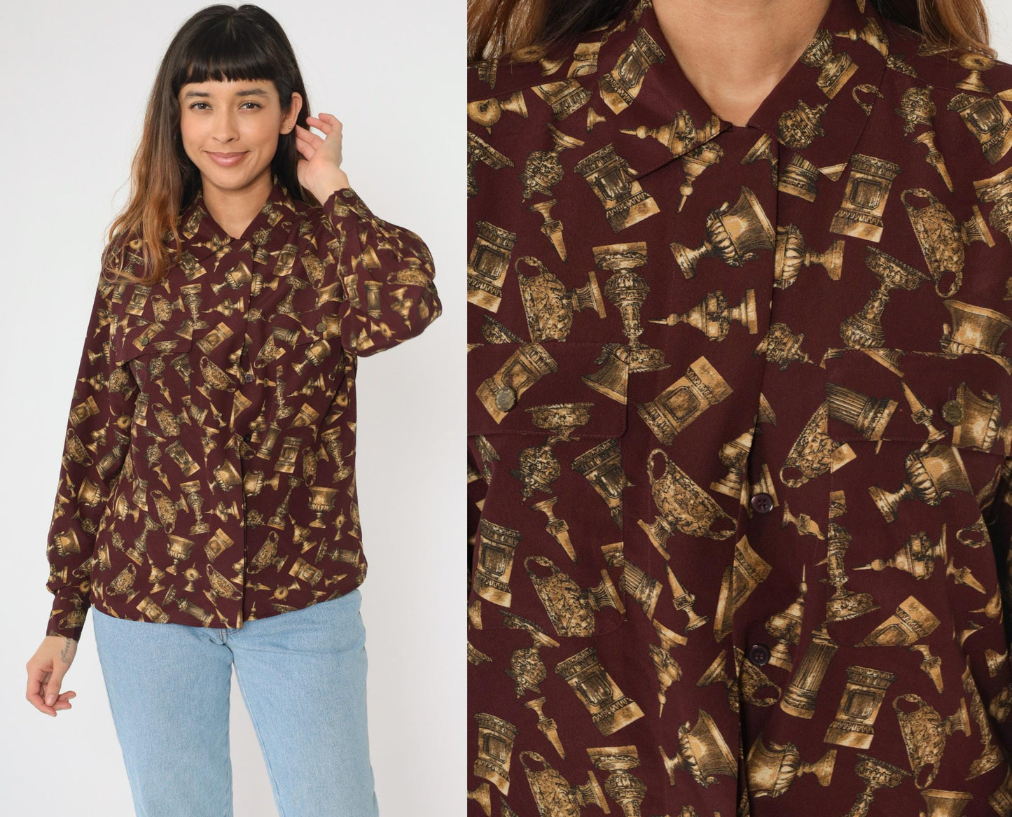 90s Jones New York Chalice Print Blouse Burgundy Gold Button Up Medium M