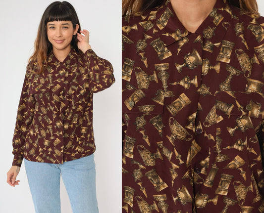 90s Jones New York Chalice Print Blouse Burgundy Gold Button Up Medium M