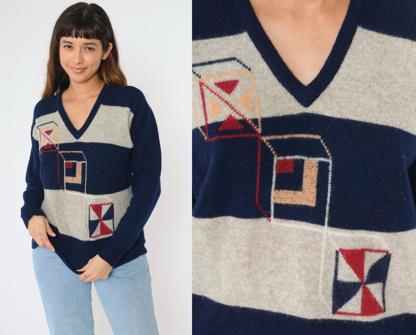 80s Geometric Cube Striped Wool V-Neck Sweater Navy Grey Medium