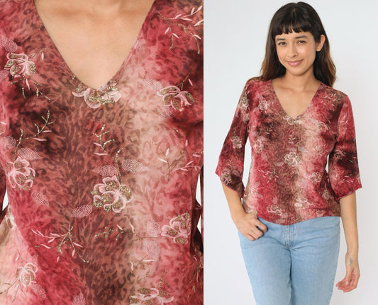 Y2K Bell Sleeve Blouse Floral Metallic Leopard Print Pink Brown Medium M