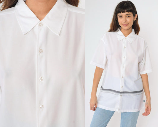 00s Striped Button-Up Shirt White Grey Y2K Short Sleeve Large L
