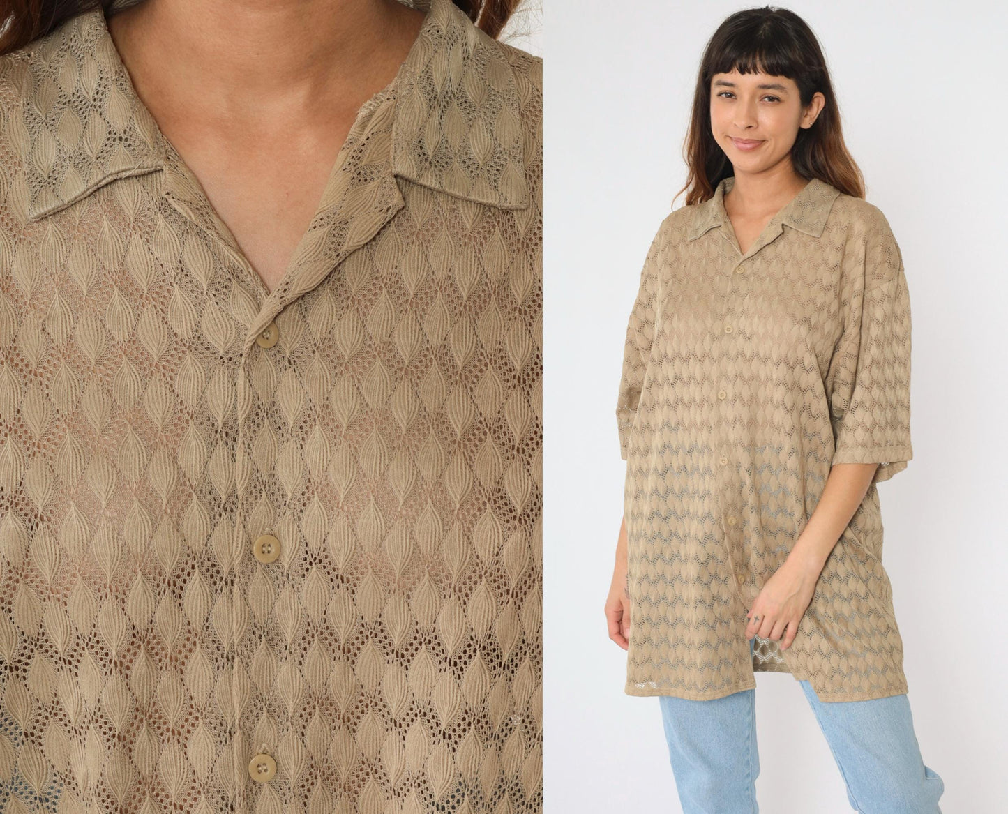 Y2K Sheer Lace Knit Button-Up Shirt Beige Men's Extra Large XL