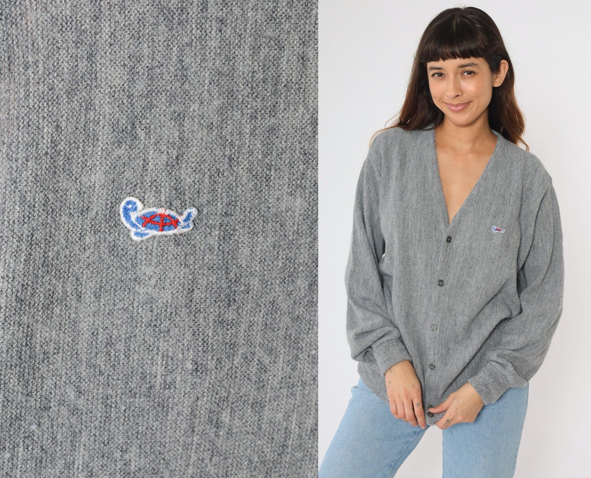 80s The Turtle Sweater Grey Cardigan V-Neck Button-Up Large