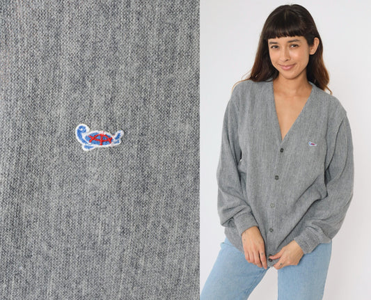 80s The Turtle Sweater Grey Cardigan V-Neck Button-Up Large