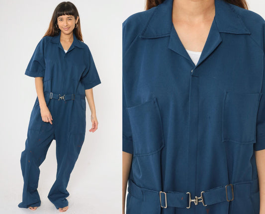 70s Dark Blue Utility Coveralls Straight Leg Zip Boiler Suit Men's Extra Large