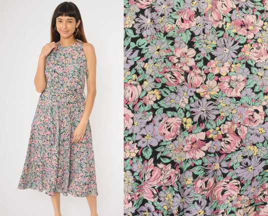 90s Ed Michaels Floral Midi Dress Pink Purple Sleeveless Small