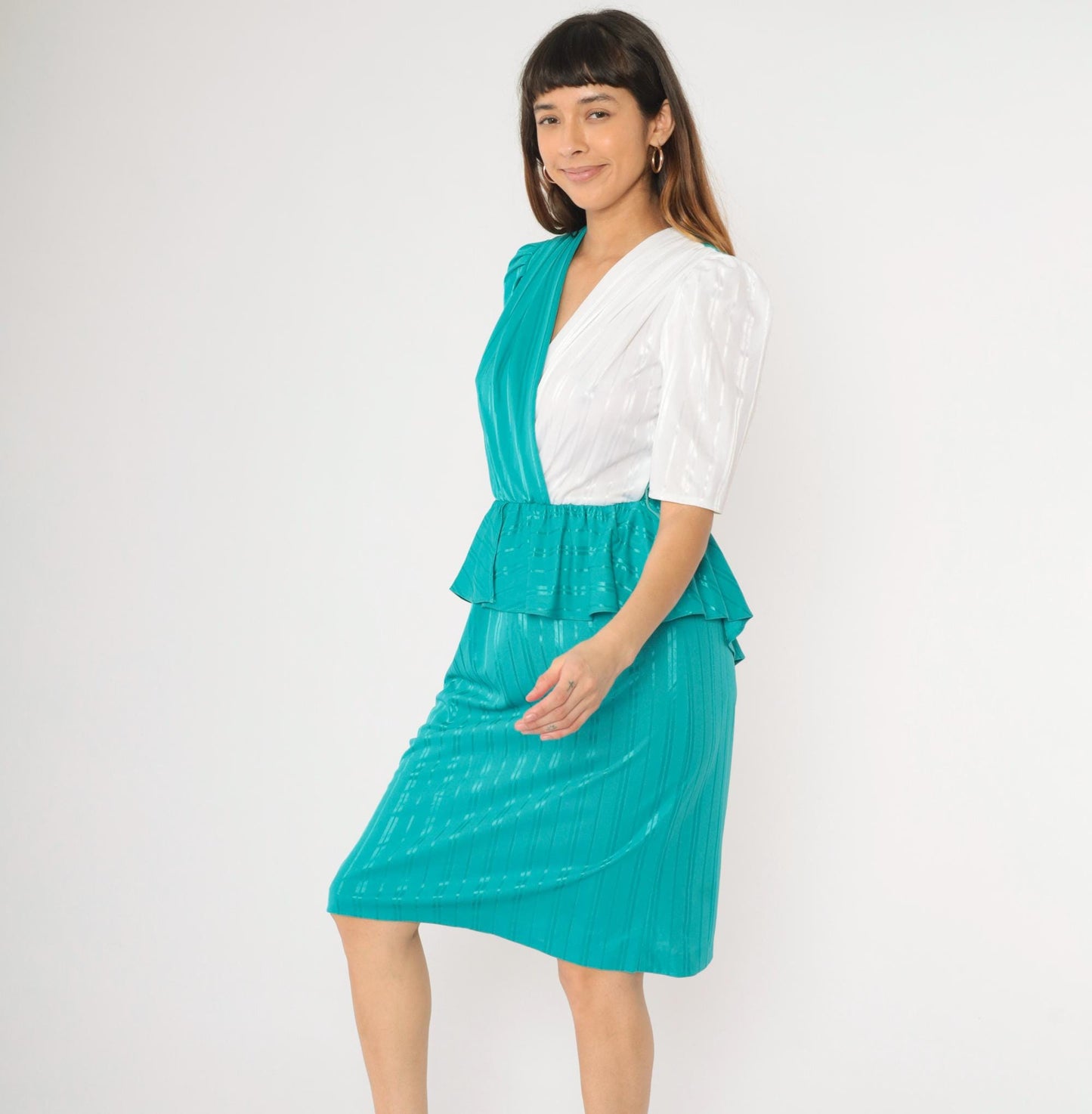 80s Sally Lou Teal Green Striped Peplum Midi Dress Puff Sleeve Small