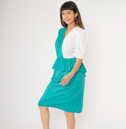 80s Sally Lou Teal Green Striped Peplum Midi Dress Puff Sleeve Small