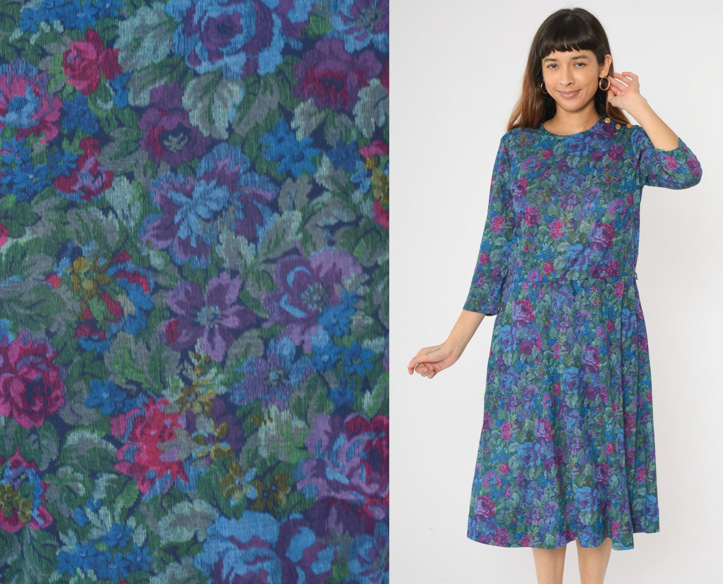 80s Floral Rose Print Midi Dress Long Sleeve Low Waist Blue Purple Green Medium