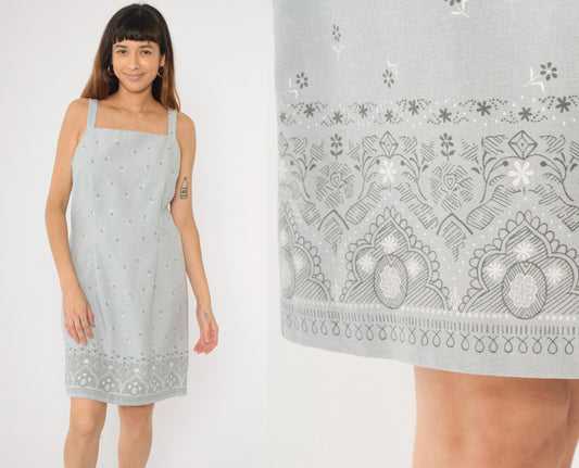 90s Grey Floral Mini Dress Sleeveless Square Neck Sheath Pencil Medium