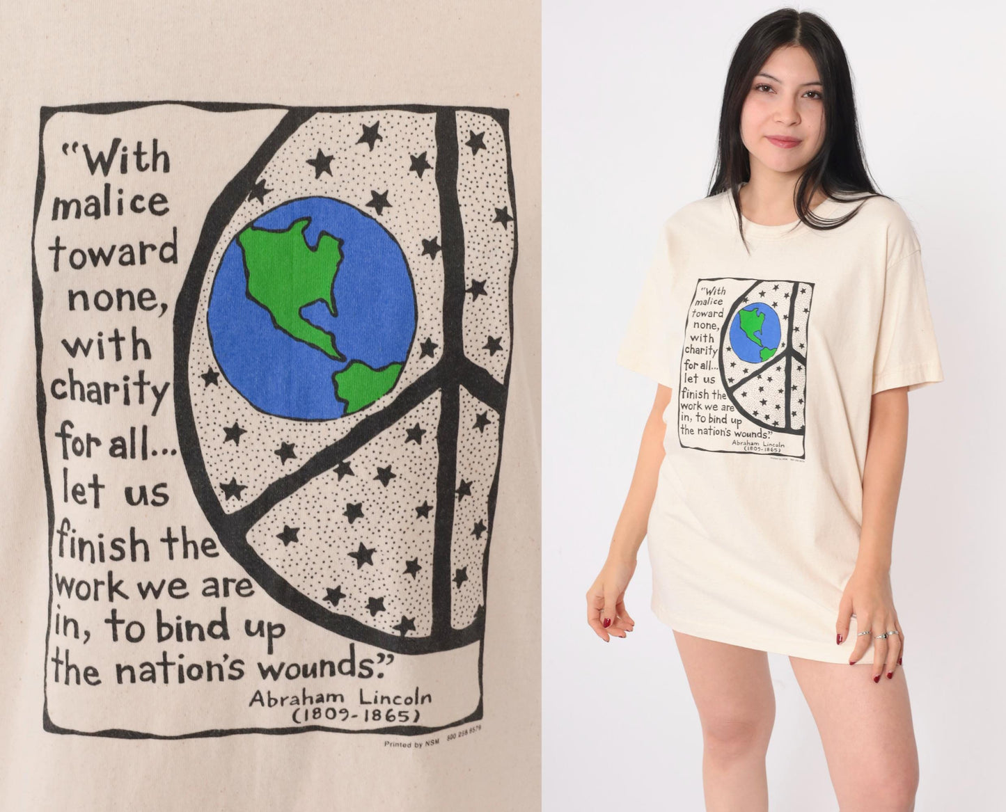 00s Abraham Lincoln Peace Quote Organic Cotton T-Shirt Cream Graphic Large