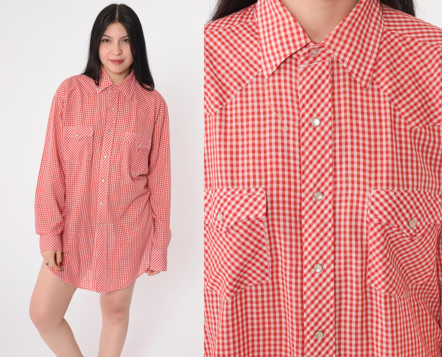 70s Sheplers Western Shirt Red White Gingham Pearl Snap Plaid Large L