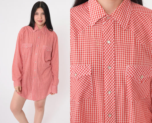 70s Sheplers Western Shirt Red White Gingham Pearl Snap Plaid Large L