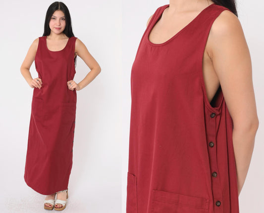 Y2K Burgundy Maxi Jumper Dress Sleeveless Button Side Pockets Medium M