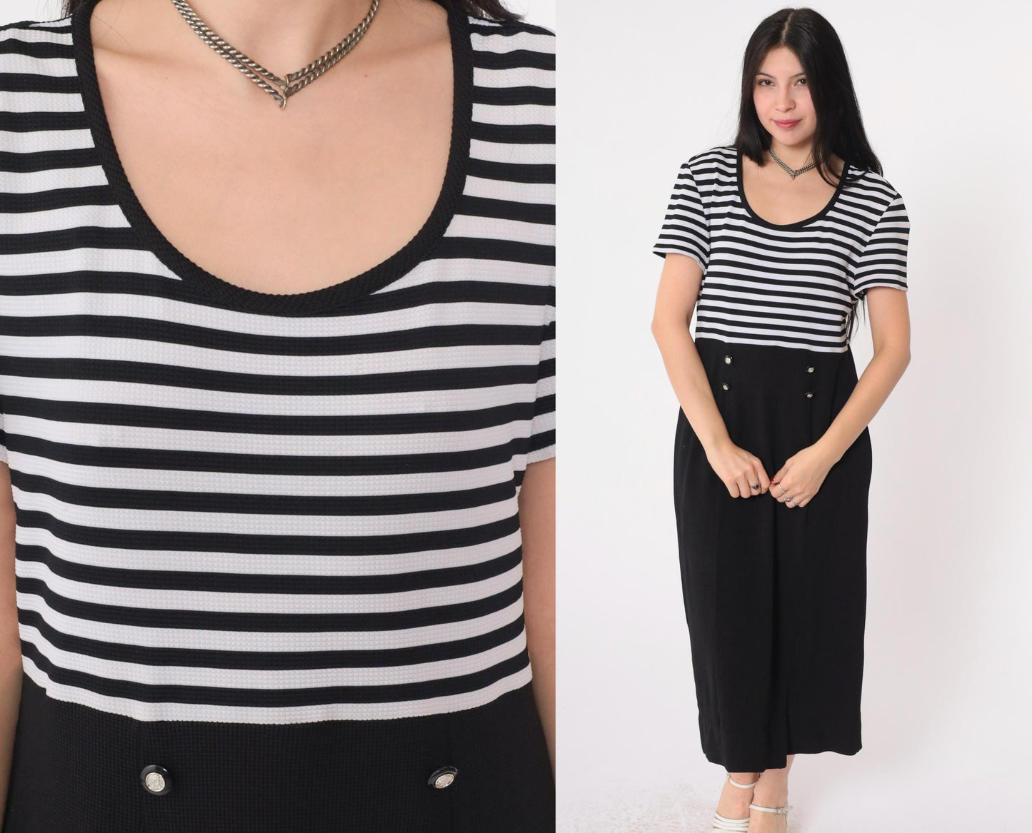 Y2K Black and White Striped Midi Dress Double-Breasted Scoop Neck Medium