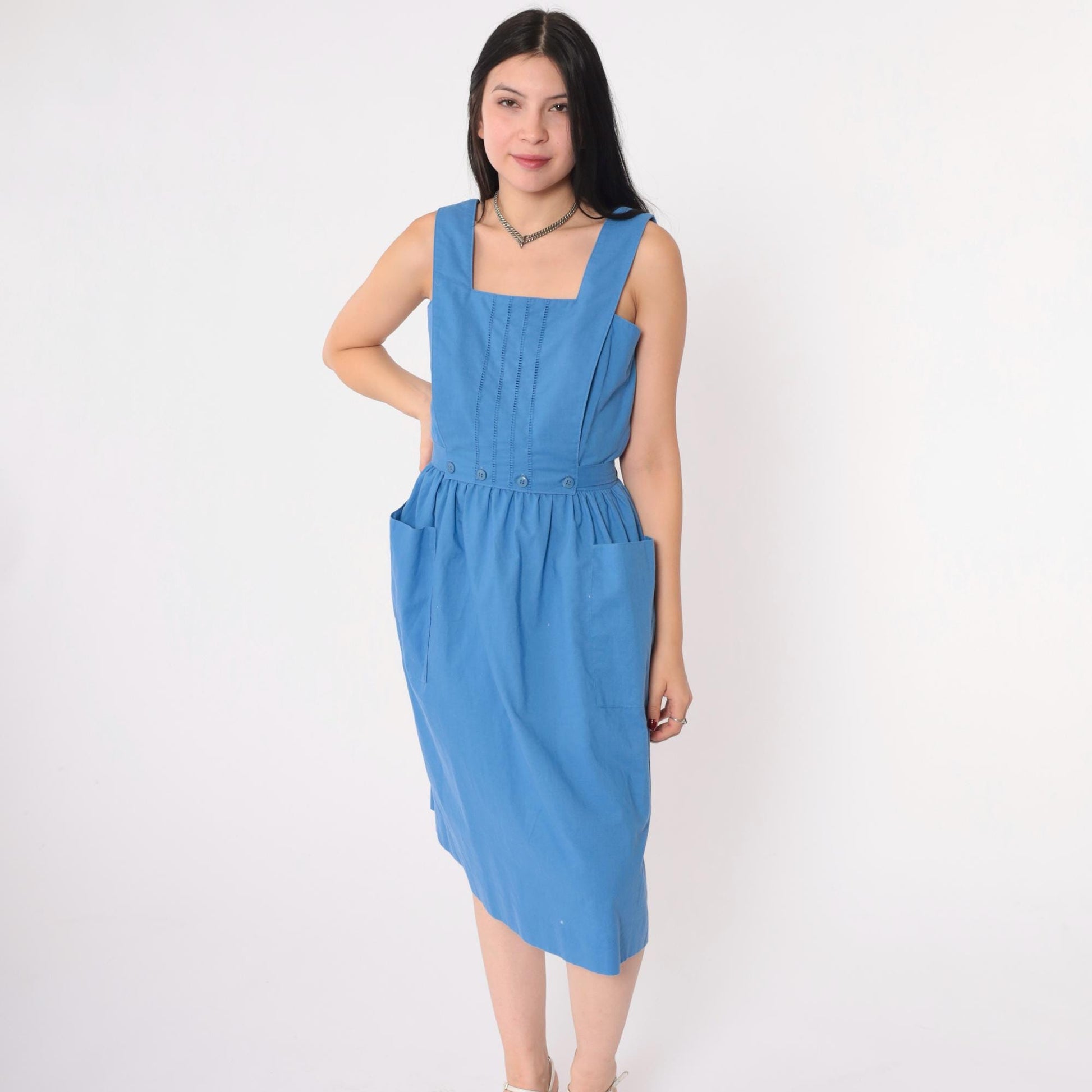 80s Lanz Originals Blue Cotton Pinafore Dress Cutwork Square Neckline Small