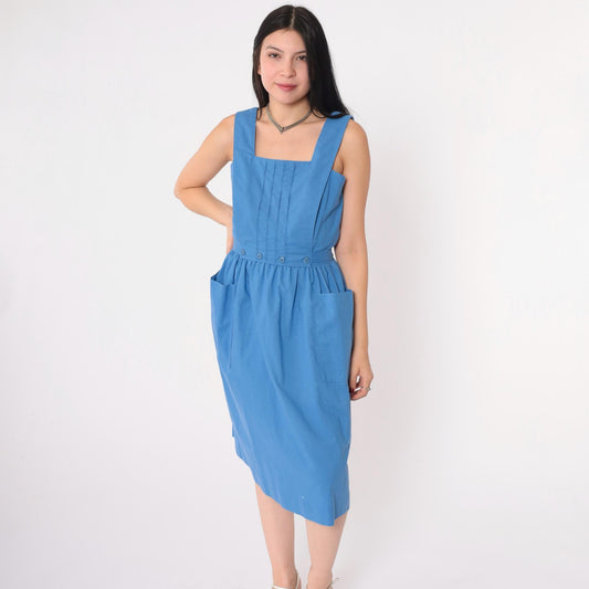 80s Lanz Originals Blue Cotton Pinafore Dress Cutwork Square Neckline Small