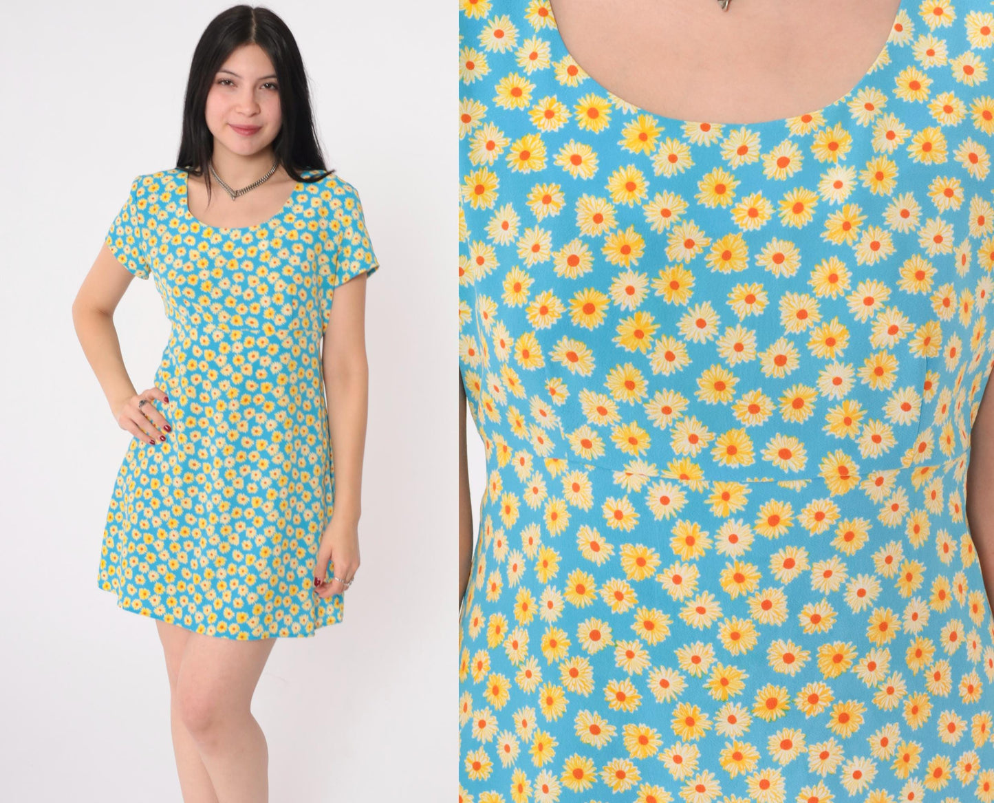 90s Byer Too! Floral Mini Dress Empire Waist Blue Yellow Small