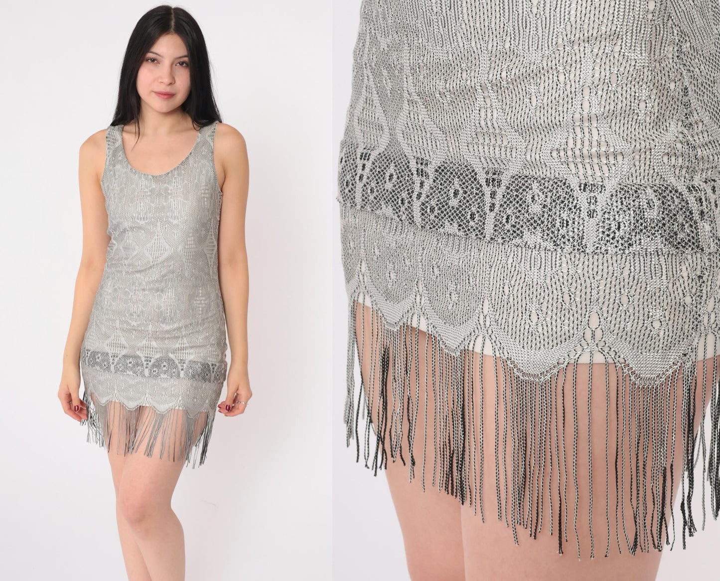 Y2K Grey Lace Floral Mini Dress Fringe Trim Bodycon Sleeveless Extra Small