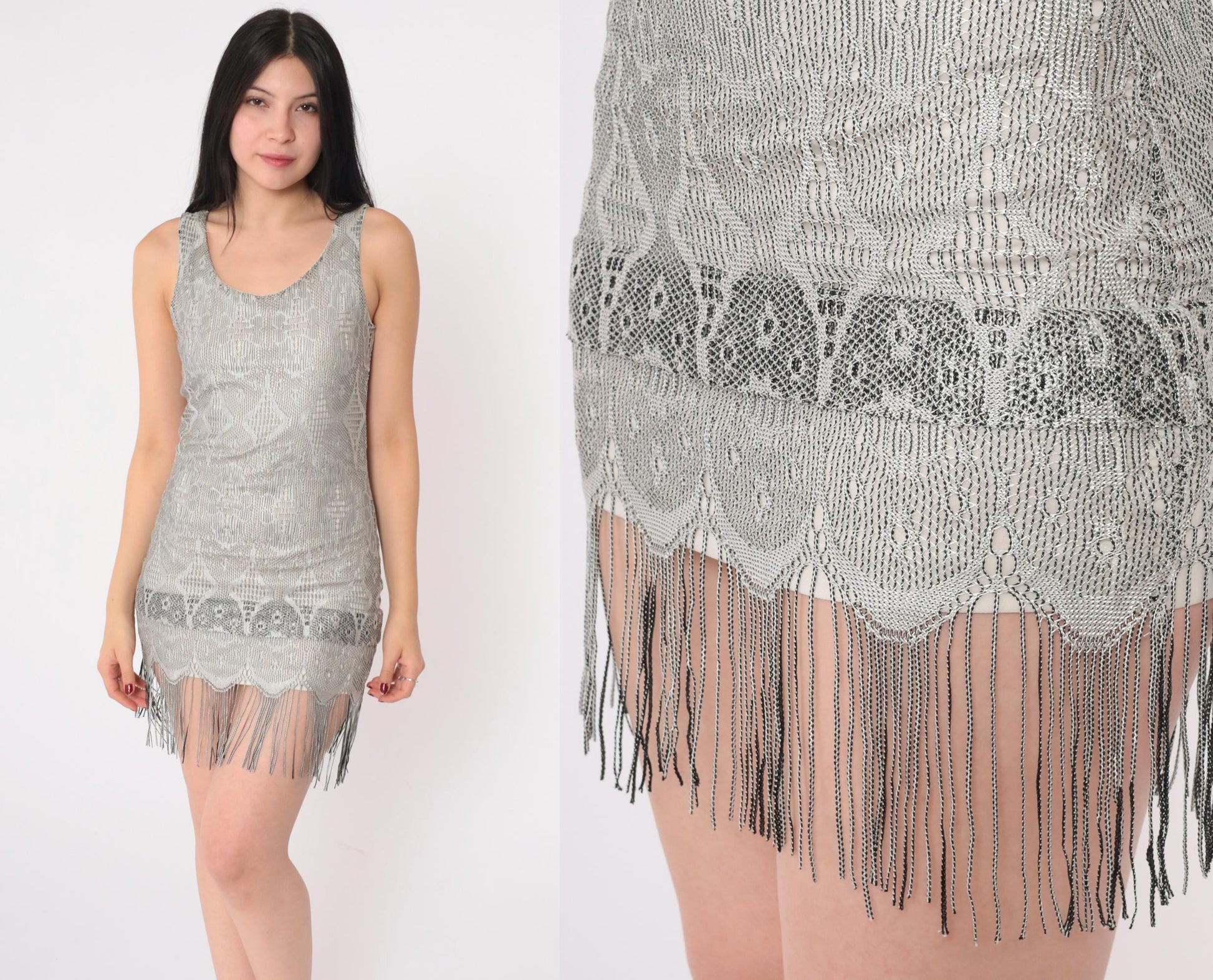 Y2K Grey Lace Floral Mini Dress Fringe Trim Bodycon Sleeveless Extra Small